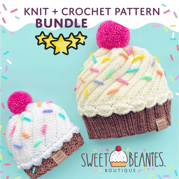 CUPCAKE Hat | Knitting Pattern + Crochet Pattern **BUNDLE!!**  | (2) PDFs for download | Sizes Newborn to Adult | Sweet Beanies Boutique