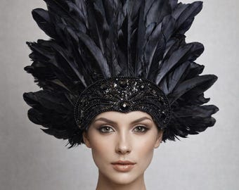 Black Feather Headdress Tall Carnival Headpiece Showgirl - Sequin Crown Samba Festival Costume Head Dress