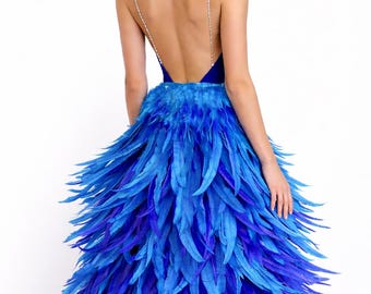 Ombre Feather Train Bustle, Turquoise to Royal Blue, Showgirl Burlesque Costume Piece