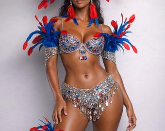 Feather Carnival full set AB Crystal belt and Bra arm and leg pieces samba showgirl Made and shipped from the USA Parade feathers