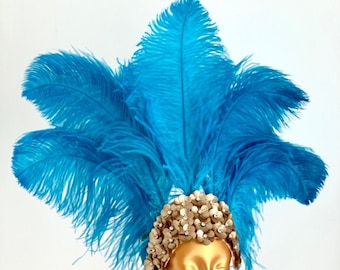 Coiffe de plumes de carnaval en plumes d'autruche bleu turquoise Turquoise Samba Carnival Hora Loca Showgirl Headpiece