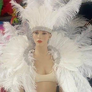Clear crystal Rihanna inspired white feathers Samba Costume Angel Wings Fantasy Fest Carnival Showgirl Set Hora Loca