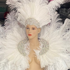 Rihanna inspired white feathers rhinestone Samba Costume Angel Wings Fantasy Fest Carnival Showgirl Set Hora Loca