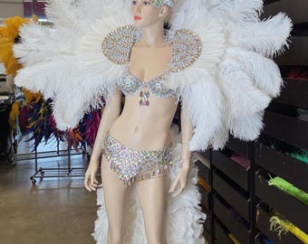 Large Ostrich feather Pageant set headpiece shoulder piece costume and tail white feathers crystal appliques