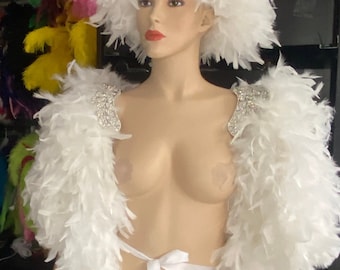 Charreteras de plumas en cascada, hombreras de carnaval con plumas, charretera de carnaval con cristales de imitación, sombrero y cola de plumas, alas de plumas blancas