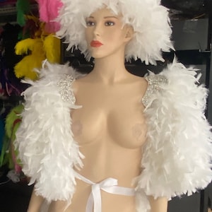 Waterfall feather epaulets Feather Carnival Shoulder Pieces  carnival epaulet rhinestones crystals feather hat and tail white feathers wings