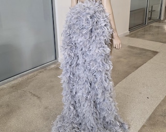 Extra-Long silver feather back piece bustle Skirt: Showgirl Burlesque Dance Tail