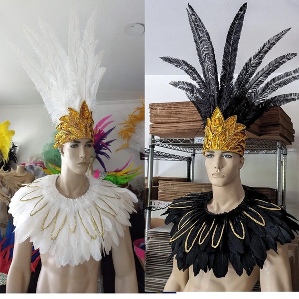 Warrior King of the Carnival Men's Tribal Feather Collar and Headdress Costume