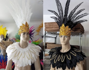 Warrior King of the Carnival Men's Tribal Feather Collar and Headdress Costume