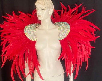 Red Feathers Big Crystal Rhinestone Epaulet Shoulder Piece Angel  Wings Feather Cocktail Fantasy Fest Carnival Showgirl samba Epaulette