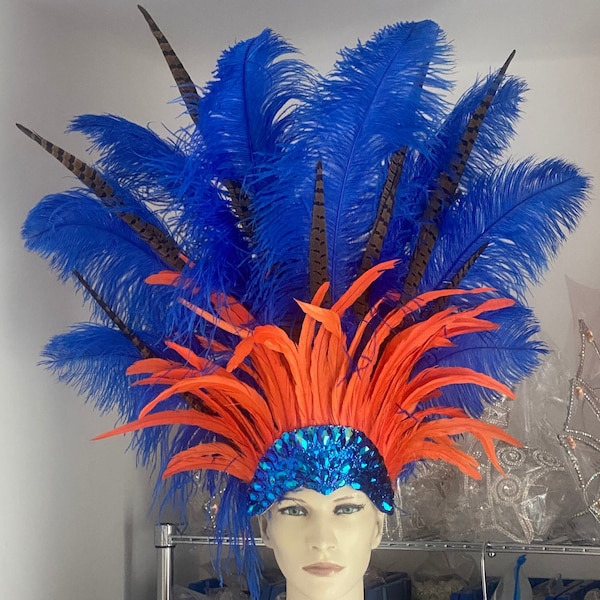 Royal Blue ostrich natural Pheasant and orange cocktail feather Carnival Headdress Samba Costume feather Piece Carnival headpiece crystal