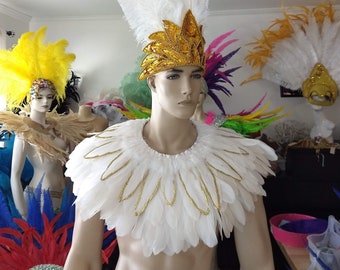 White with Gold Feather Cape, Shrug Collar, Feather Piece, Feather Scarf, Feather Shawl, Feather Epaulet. Samba Costume Showgirl Showman