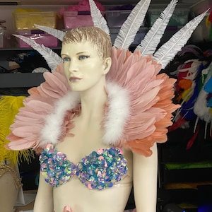 Feather Angel  Wings Feather Fantasy Fest Carnival Showgirl Set Collar and tail rose gold plum iridescent sequined and rhinestone bra