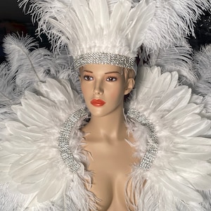Clear crystal Rihanna inspired white feathers Samba Costume Angel Wings Fantasy Fest Carnival Showgirl Set Hora Loca