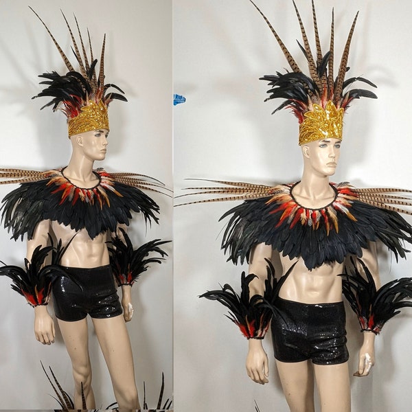 Carnaval King Feather Costume Set Parade Feather Fantasy Fest Showman Bras Jambes Épaule Col Coiffe Couronne Couleurs Africaines