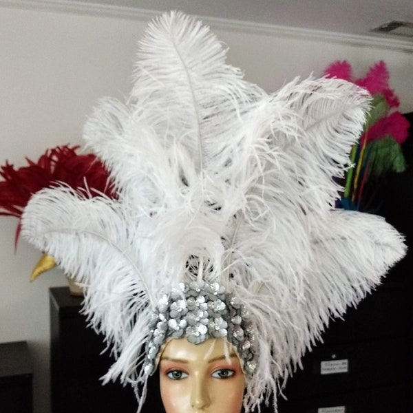 White Ostrich Feather Carnival Feather Headdress Samba Carnival Hora Loca Showgirl Headpiece