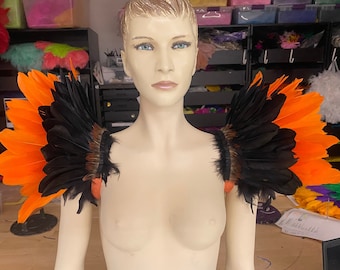 Charreteras grandes de plumas para carnaval, hombreras, charreteras de plumas naranjas y negras, disfraz de Halloween