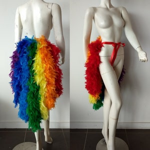 Coda a ventaglio con piume lunghe e grandi multicolore, fodera posteriore con piume, boa, tutù, cintura di piume, COSTUME DA SPETTACOLARE BURLESQUE, colori dell'arcobaleno.