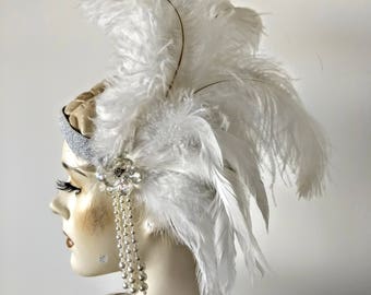 Fascinator Gatsby Flapper headband Charleston pearl beads applique vintage style ostrich plumes and white cocktail Feathers 1920s white