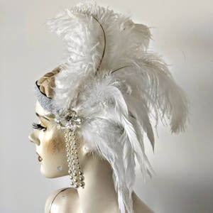 Fascinator Gatsby Flapper headband Charleston pearl beads applique vintage style ostrich plumes and white cocktail Feathers 1920s white