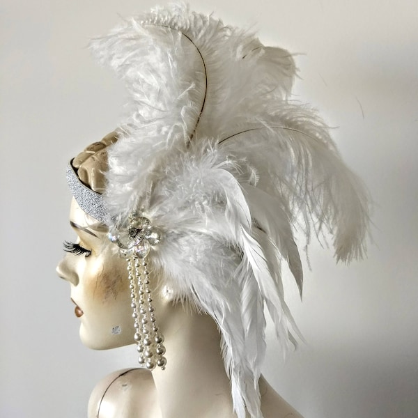 Fascinator Gatsby Flapper headband Charleston pearl beads applique vintage style ostrich plumes and white cocktail Feathers 1920s white