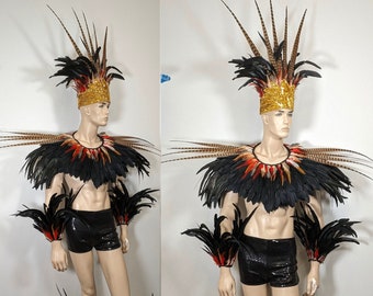 Karneval König Feder Kostüm Set Parade Feather Fantasy Fest Schausteller Arm Beine Schulterstück Kragen Kopfschmuck Krone afrikanische Farben