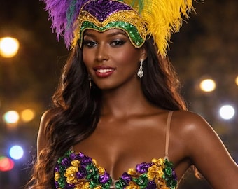 Mardi Gras Feather headpiece headpiece Mardi Gras Top sequined bra Tail Purple Gold Green top Made in and shipped from the USA