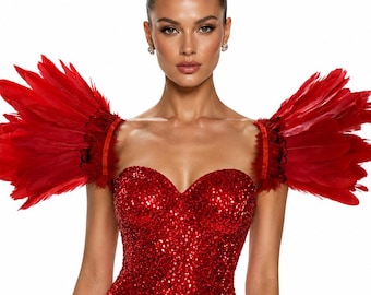 Charreteras rojas de plumas para carnaval, hombreras, disfraz de charreteras de plumas