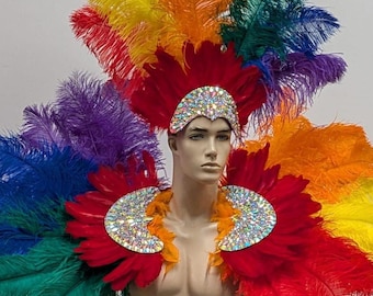 Multi-color Regenbogen Faschingskostüm Federn Samba Kostüm Engelsflügel Fantasy Fest Karneval Showgirl Set Hora Loca