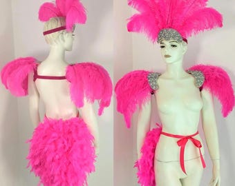 Headdress epaulet and tail set carnival costume showgirl burlesque crystal crown Ostrich floss feathers
