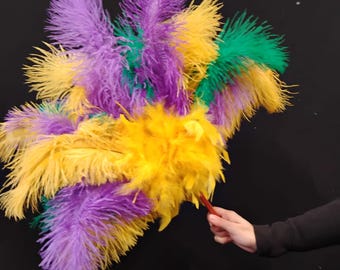 Dance fan ostrich floss feathers mardi gras colors purple gold and green, white, all colors