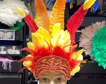Tocado de plumas de fénix con colores de fuego, desfile de carnaval de Saba, fabricado en EE. UU.