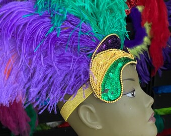 Mardi Gras Prime Ostrich Plumes Feather Carnival Headdress Showgirl Gold  Green and Purple 