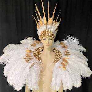 Rihanna inspiriert weiße Federn Gold Applikationen Samba Kostüm Engelflügel Fantasy Fest Karneval Showgirl Set Made in den USA