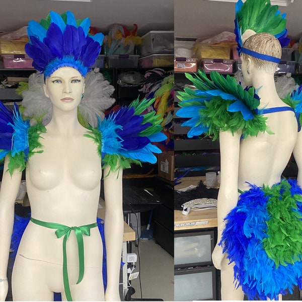 Blue turquoise and green Peacock Bird colors epaulet wings, tail, and headdress costume Proudly made in the USA