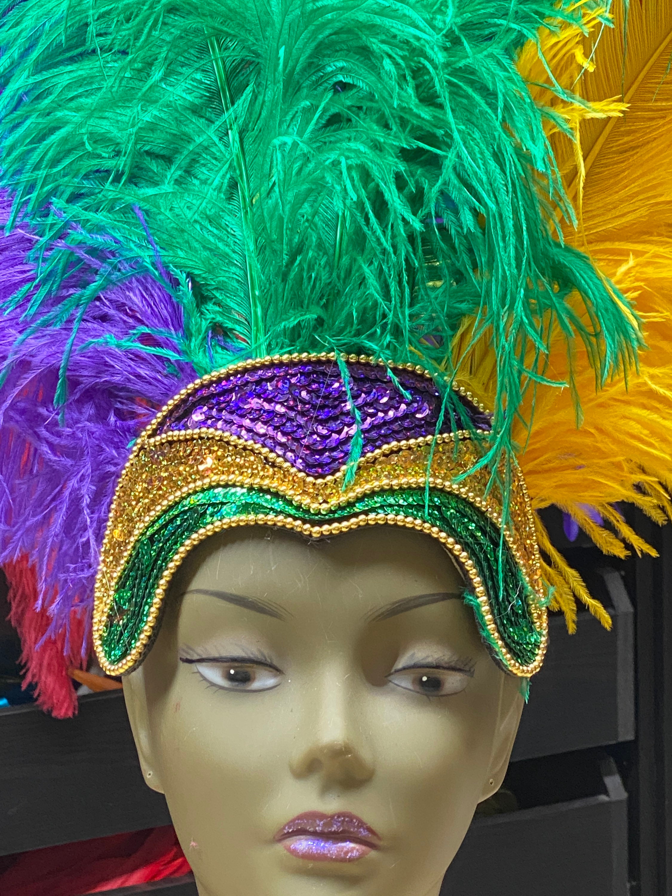 FeatherHappy Mardi Gras Prime Ostrich Plumes Feather Carnival Headdress Showgirl Gold Green and Purple