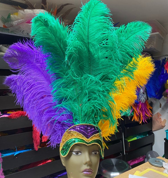 FeatherHappy Mardi Gras Prime Ostrich Plumes Feather Carnival Headdress Showgirl Gold Green and Purple