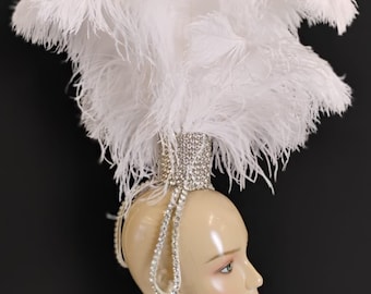 White Ostrich Feather Headdress  Crystal Showgirl Headpiece  Vegas Style Costume  White Party Headpiece  New Years Headdress Custom Colors