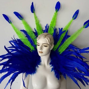 May include: A blue and green feather headdress with a large blue feather collar. The headdress has several long green feathers with blue tips.