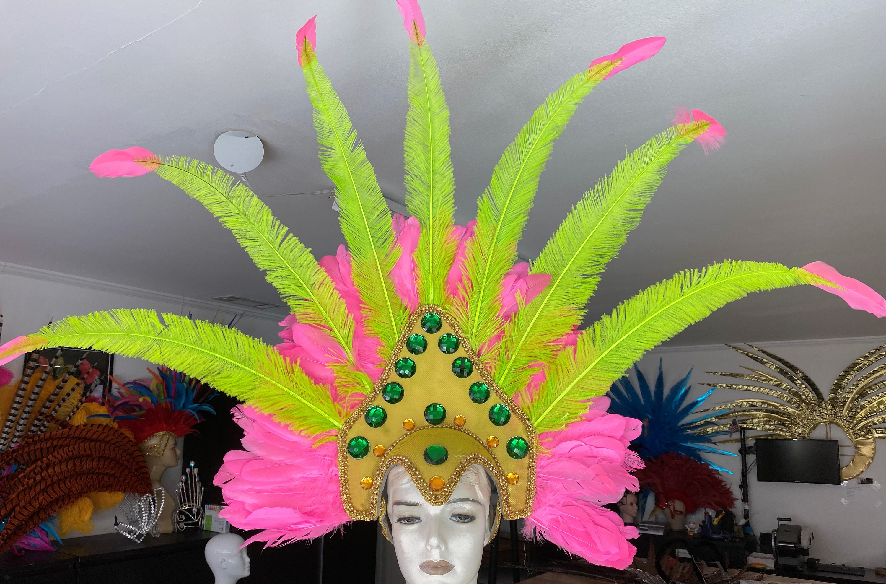 FeatherHappy Mardi Gras Prime Ostrich Plumes Feather Carnival Headdress Showgirl Gold Green and Purple