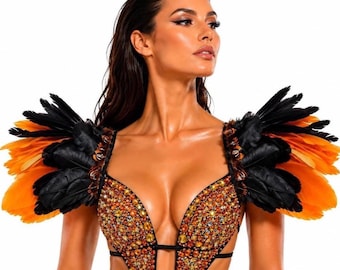 Hombreras de plumas Nagorie, hombreras de plumas, traje de carnaval, hombreras de samba, armadura de hombro de bailarina, traje de festival