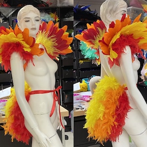 Fire phoenix costume wings epaulet and tail red yellow and orange Feather Bustle Boa tutu showgirl burlesque Proudly made in the USA