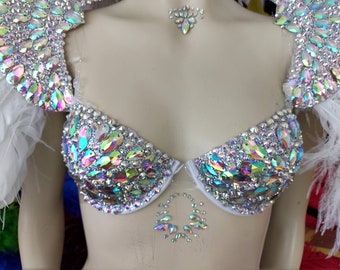 Rihanna inspiriert weiße Federn Strass Samba Kostüm Angel Wings Fantasy Fest Karneval Showgirl Set Hora Loca