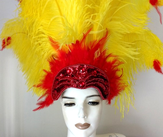 FeatherHappy Mardi Gras Prime Ostrich Plumes Feather Carnival Headdress Showgirl Gold Green and Purple