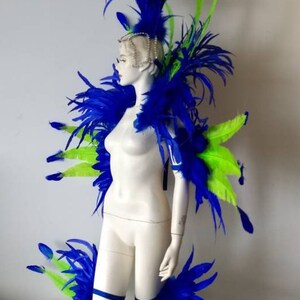 May include: A blue and green feather costume set with a headpiece, shoulder pieces, and leg pieces. The costume is made of feathers and is designed for a performance or party.
