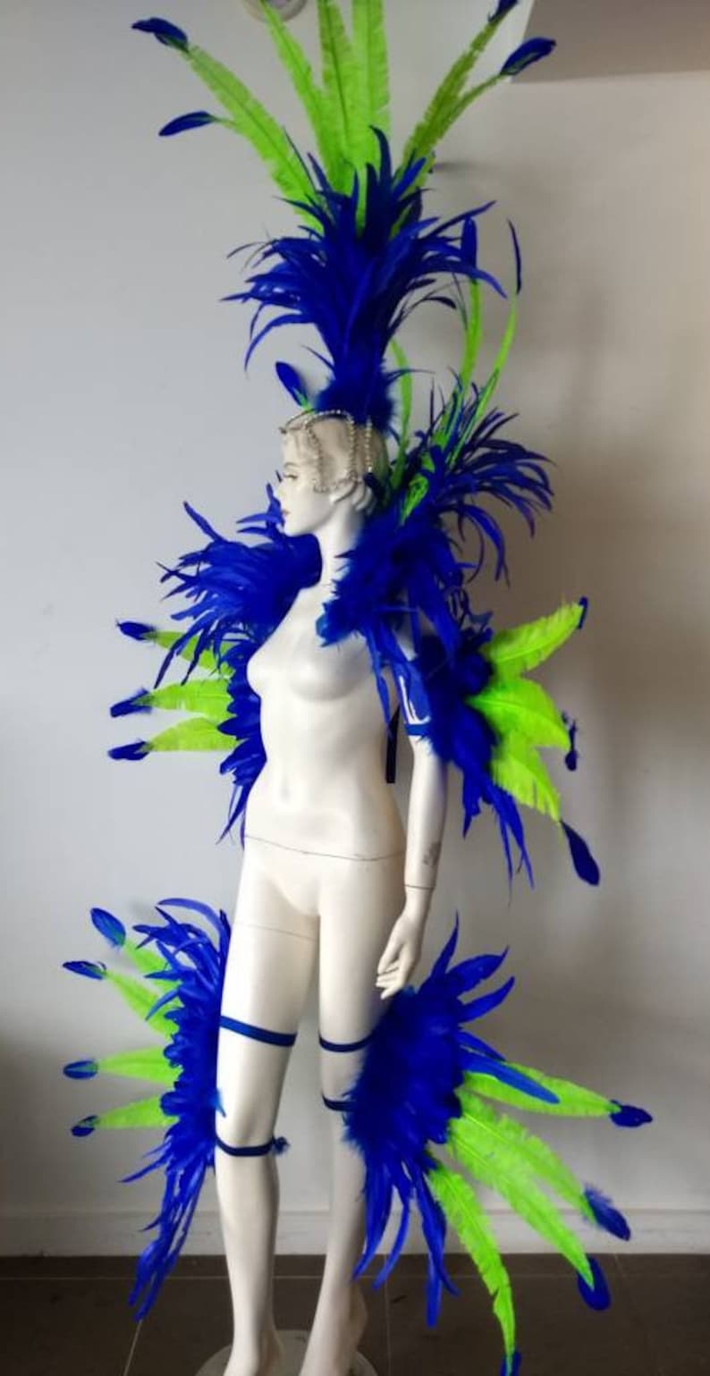 May include: A blue and green feather costume set with a headpiece, shoulder pieces, and leg pieces. The costume is made of feathers and is designed for a performance or party.