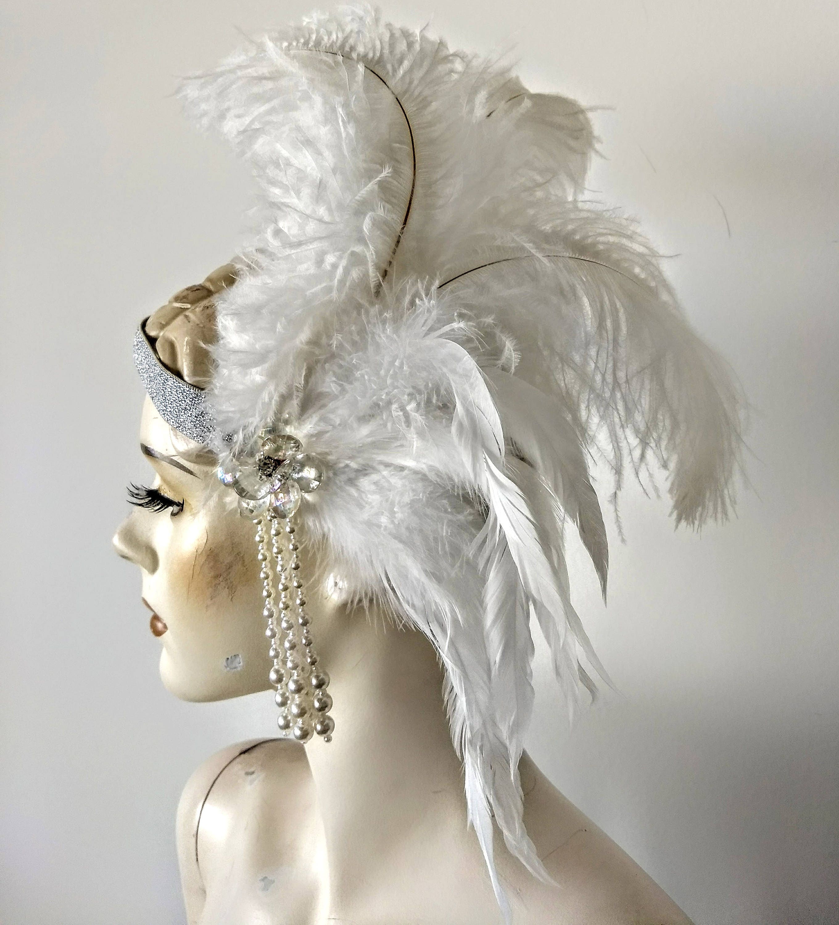 Headband Plume, FUKPO Noir Bandeau Plume Accessoire Vintage Annee 20,  Bandeau Charleston Femme 1920 avec Blanc Décoration en Cristal