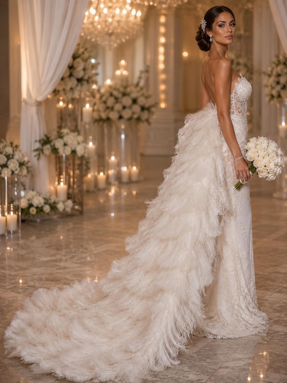 Luxury Ostrich Feather Bridal Train Detachable Cathedral Length Wedding Overskirt Custom Couture Luxury Ostrich Feather Bridal Train Detachable Cathedral Length Wedding Overskirt Custom Couture