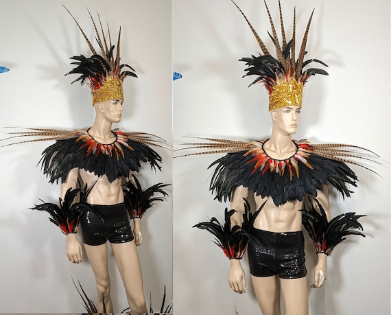 Carnival King Feather Costume Set Parade Feather Fantasy Fest Showman Arm Legs Shoulder Piece Collar Headdress Crown African Colors Etsy