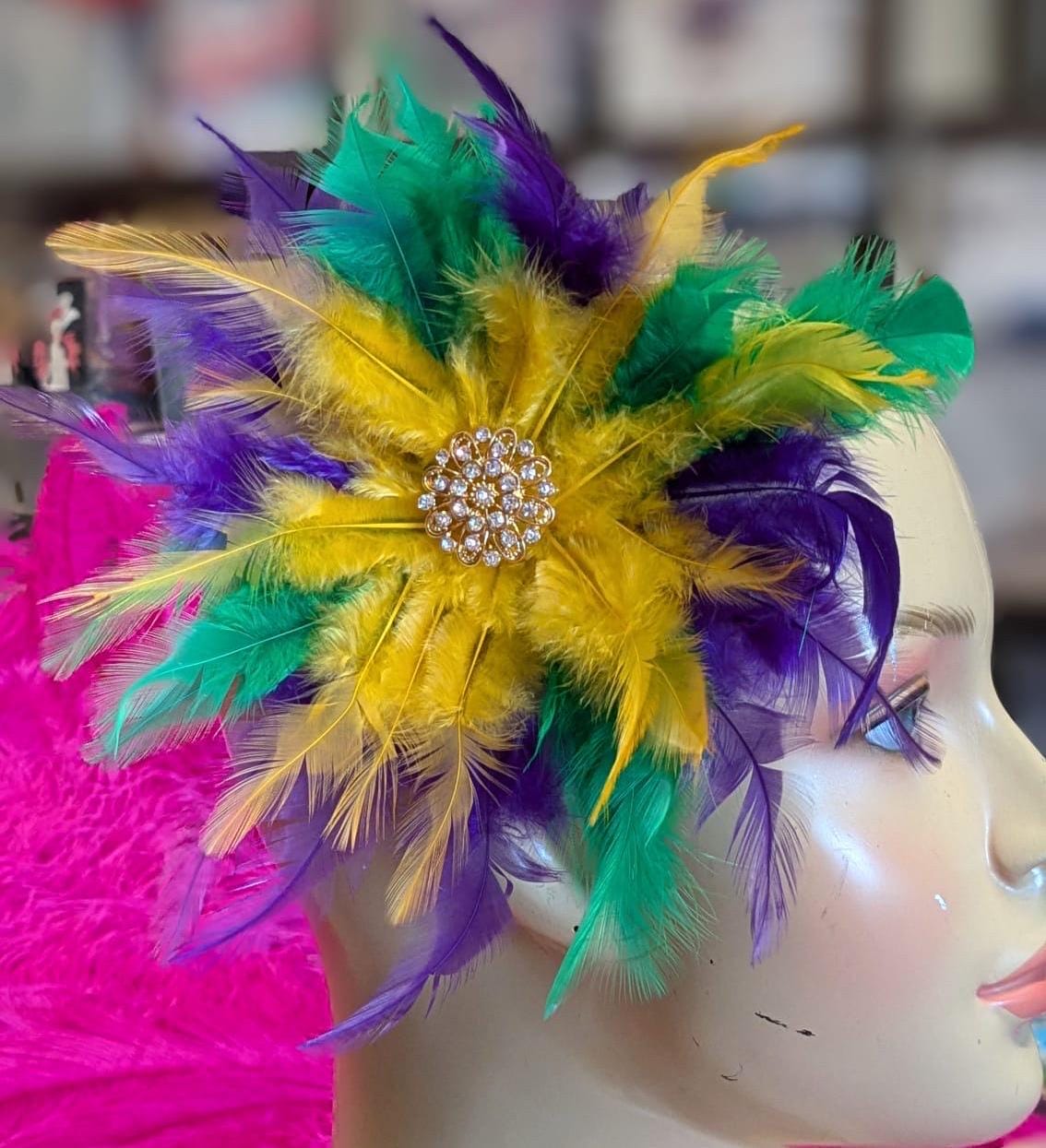 Festive Mardi Gras Feather Headband with Tinsel Mardi Gras Feather Headdress: Purple, Green, Gold Floral  main image 3